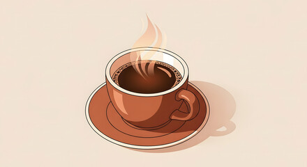 Obraz premium Steaming hot coffee in a brown cup and saucer, vector illustration on a light beige background.