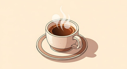 Obraz premium Warm illustration of a steaming cup of coffee in an off-white mug on a saucer, minimalist style with clean lines and warm tones.