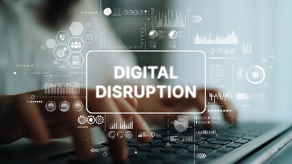 Hands Typing on Laptop with Overlay Graphics Illustrating Concepts of Digital Disruption and...