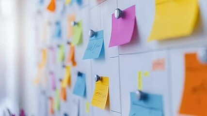 Colorful sticky notes pinned to a white grid surface, suggesting collaboration and organization - Powered by Adobe