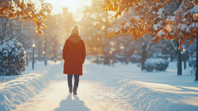 Woman walks snowy path in winter park, back view. Golden sunlight