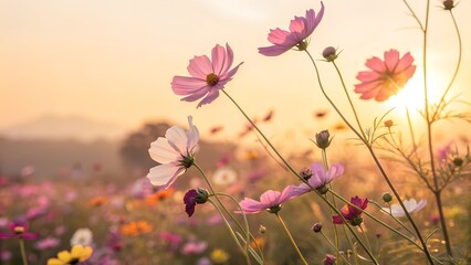 Serene Sunset Cosmos Field: Soft Pink and White Flowers, Golden Hour Light, Peaceful Meadow