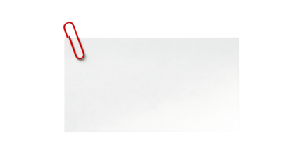 White blank rectangular note paper with a red paperclip on the corner. Isolated on transparent background, png