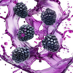 Blackberries suspended in a dynamic splash of vibrant purple liquid isolated on transparent background