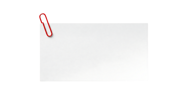 White blank rectangular note paper with a red paperclip on the corner. Isolated on transparent background, png