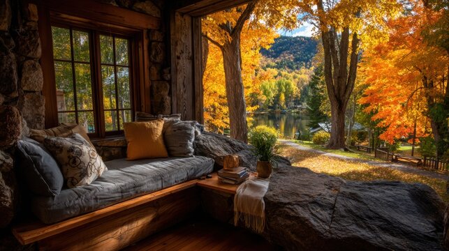 A comfortable nook with stone walls features a cozy seating area and a view of colorful autumn leaves and a peaceful lake. The scene captures a warm and inviting atmosphere.