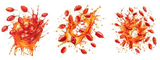 Three dynamic splashes of goji berries suspended in midair with vibrant orange juice isolated on transparent background