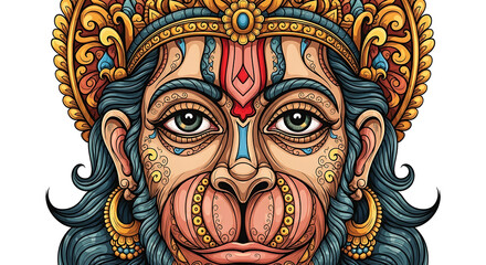 Intricate portrait of Hanuman, the Hindu monkey god, adorned with ornate headdress and jewelry.