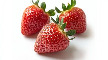 Three ripe red strawberries on clean white background in minimal natural lighting.