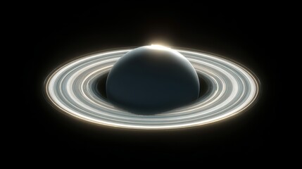 The planet Saturn is artistically illustrated with its rings rotating in the foreground, accompanied by a moon and the sun in the background