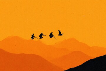 Silhouette figures of soldiers on a ridgeline, against a muted orange and yellow backdrop.