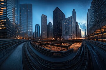 Panoramic view of Chicago cityscape at dawn, with elevated train tracks in the foreground.  Modern skyscrapers,  dark silhouettes, illuminated windows