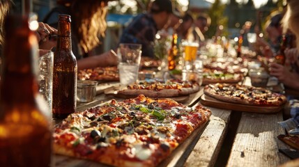 Friends gather around a long wooden table, savoring various pizzas and cold drinks. The atmosphere is lively as laughter fills the air on a warm, sunny afternoon.