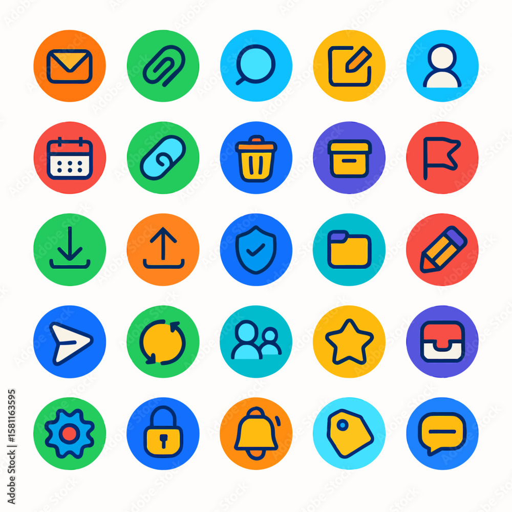 Poster colorful circular icons depicting various web and application interface elements.