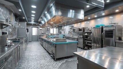 Modern stainless steel commercial kitchen. AI image