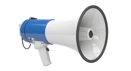A vibrant megaphone on a transparent background, ideal for announcements and promotions, showcases its white and blue design, perfect for marketing campaigns or public address systems.