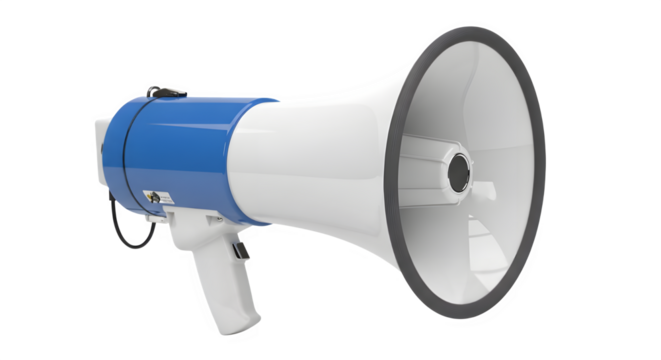 A vibrant megaphone on a transparent background, ideal for announcements and promotions, showcases its white and blue design, perfect for marketing campaigns or public address systems.
