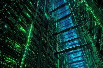 Deep inside a futuristic server farm.  Green and teal glowing circuits