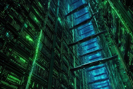 Deep inside a futuristic server farm.  Green and teal glowing circuits