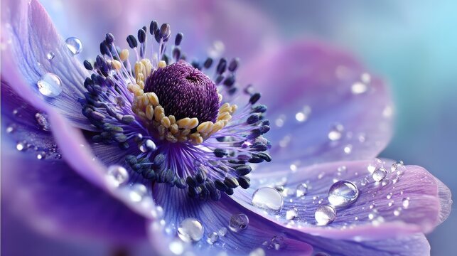 A close-up view of a lavender flower decorated with dew and featuring a bumblebee resting at its center - Powered by Adobe