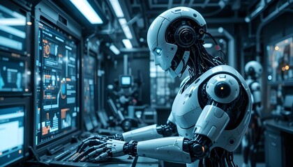 Fototapeta premium AI-powered humanoid robot working in a high-tech lab, realistic lighting, cinematic style, advanced machinery