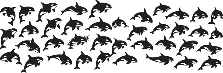 Fototapeta premium Dynamic Orca Whale Silhouette Pattern Whimsical Marine Life Design Playful Killer Whale Composition Striking Black and White Orca Illustration Aquatic Mammal Artwork
