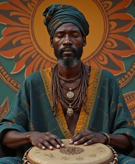 Obraz premium Musician playing traditional drum in vibrant cultural setting at sunset