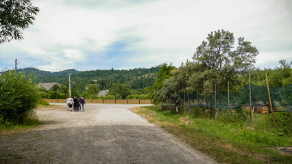 children teenagers walking on  asphalt road in village in  mountains, tourists, walk, travel, view...