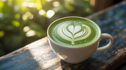 A refreshing matcha latte with heart shaped latte art on a rustic surface