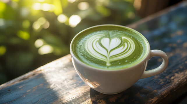 A refreshing matcha latte with heart shaped latte art on a rustic surface