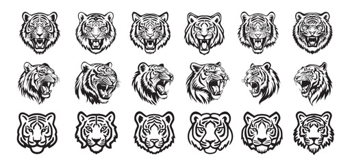 Tiger head icon set, Set of tiger head, Minimal cat heads, Tiger face icon silhouettes Bundle, Roaring tiger heads