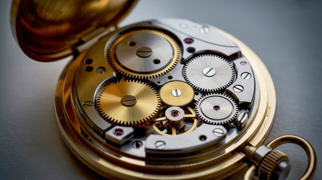 Intricate golden pocket watch movement with precision gears and jewels