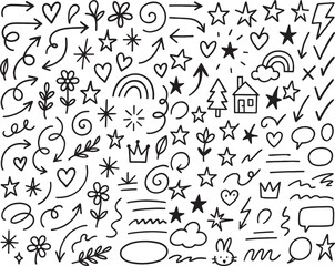 Playful Doodle Collection A Whimsical Assortment of Hand Drawn Arrows Stars Hearts and Decorative Elements Perfect for Adding a Touch of Fun to Any Design Project