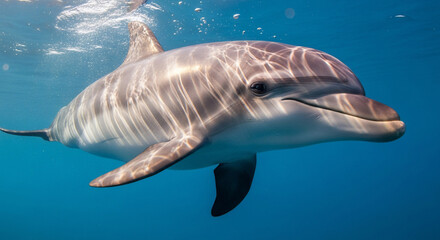 Obraz premium A beautiful bottlenose dolphin gracefully swimming underwater in clear blue ocean water with sunlight.