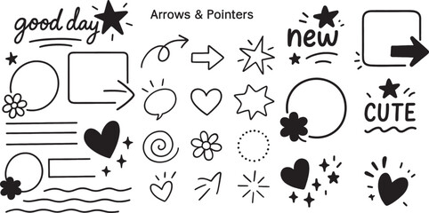 Doodle Style Arrow and Pointer Collection with Star, Heart, and Circle Elements for Decoration and Design Projects, Featuring Hand Drawn Style Arrows, Flowers and Cute Lettering