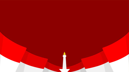 Indonesia national monument on red copy space background with wavy red and white Indonesian flag