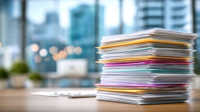 A large stack of colorful papers sits on a wooden desk in a contemporary office. City buildings and blurred lights create a vibrant background, illustrating a bustling environment.