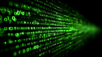 Glowing binary code matrix in green, falling digits with motion blur on black --ar 16:9