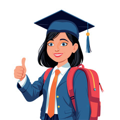 Vector illustration of a smiling schoolgirl in academic graduation cap with backpack showing thumbs up. Cartoon character in school uniform, ready for school or graduation.
