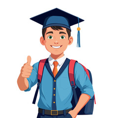 Smiling cartoon schoolboy in academic graduation cap with backpack giving thumbs up. Vector illustration of happy student in uniform, ready for school or graduation.