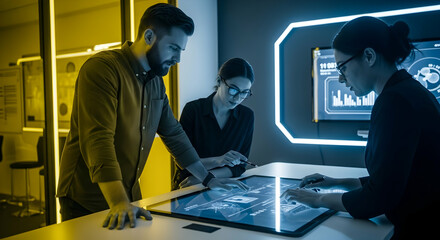 Collaborative Tech Team Analyzing Data on Interactive Touchscreen Display in Modern Office