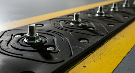 Close Up Industrial Speed Bump Section Fastened to Asphalt Surface With Bolts