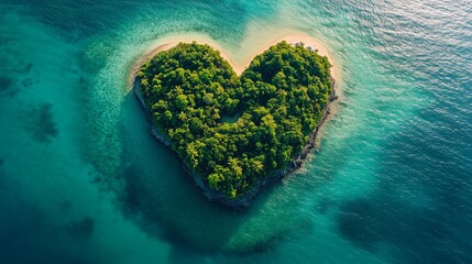 Aerial view of heart-shaped island surrounded by turquoise waters, featuring lush greenery and sandy shores, creating a romantic and serene tropical paradise for nature lovers