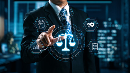 Futuristic digital law interface displaying justice scale, highlighting digital law, AI compliance,...