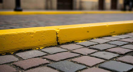 Close up of a bright yellow curb on a cobblestone street in an urban environment