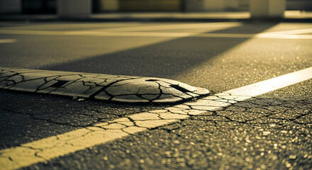 Cracked Speed Bump Rests On Old Asphalt Road On A Sunny Day