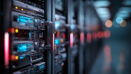 Dedicated servers lined up in rows within a modern cryptocurrency farm engage in Bitcoin mining, supported by a data center featuring advanced hardware, high-performance network, and robust