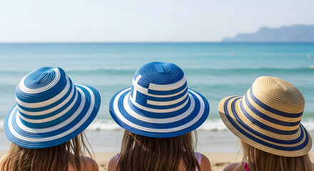 Three young girls on the beach wearing straw hats in the colors of the flag of Greece. The concept of the perfect holiday in the resorts of the Greece. Focus on hats.