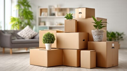 In a bright, modern living room filled with natural light, several cardboard boxes are stacked creatively alongside potted plants, creating an organized yet homey atmosphere.