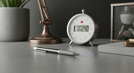 Close up of a table with a clock, pen, desk lamp, and plant creating a productive workspace atmosphere